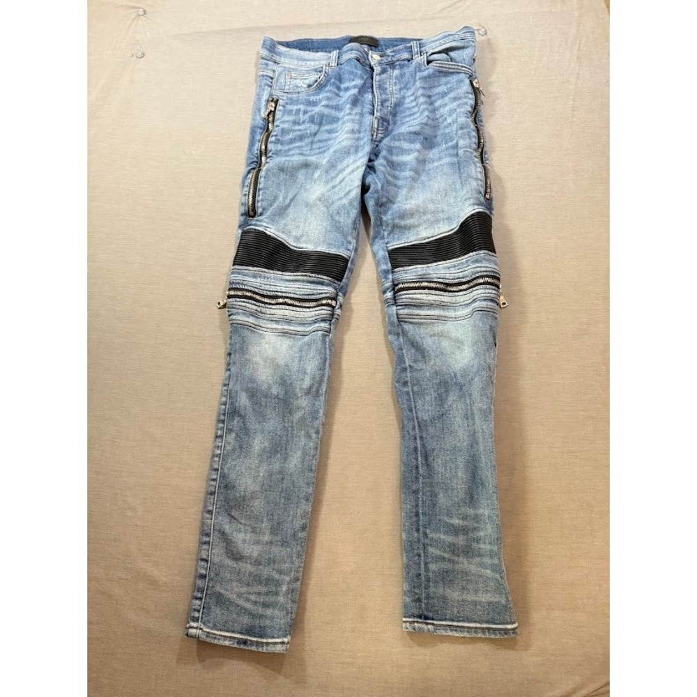 Amiri MX2 Mens Moto Biker Denim Jeans Light Wash Slim Fit Zip‎ Details 32X30.